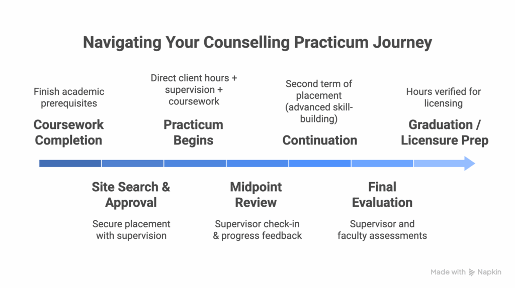 A timeline capturing the practicum journey of a student, including pre-practicum, practicum and post-practicum milestones.